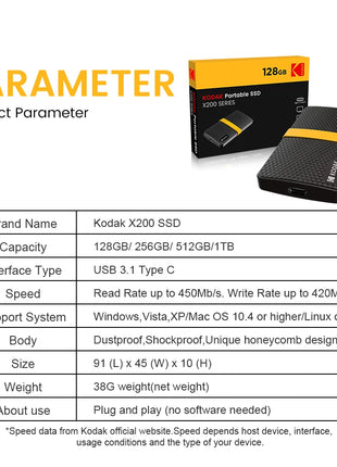 KODAK X200 Disco rigido SSD esterno HD Externo 1TB USB3.1 Mini SSD portatile 256B 512GB 1TB per laptop Smartphone PS4 PC MAC TV