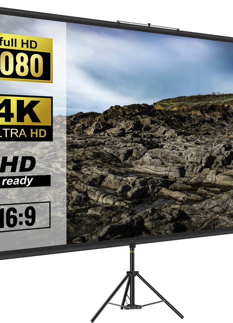 SucceBuy 100 Inch Tripod Projector Screen with Stand 16:9 4K HD Portable Projection Home Cinema for Indoor & Outdoor Projection - Riparo82
