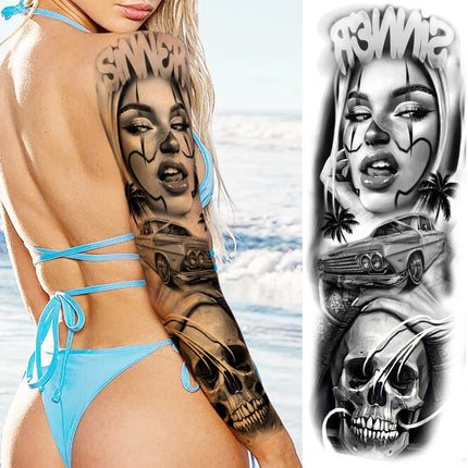 1 Sheet Full Arm Evil Witch Vampire Temporary Tattoos Sleeve Halloween Scary Skull Tatoo Waterproof Horrible Fake Tattoo Sticker