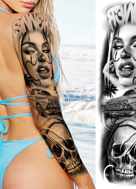 1 Sheet Full Arm Evil Witch Vampire Temporary Tattoos Sleeve Halloween Scary Skull Tatoo Waterproof Horrible Fake Tattoo Sticker - Riparo82