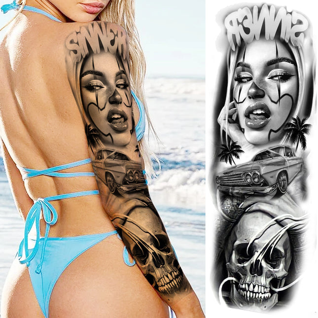 1 Sheet Full Arm Evil Witch Vampire Temporary Tattoos Sleeve Halloween Scary Skull Tatoo Waterproof Horrible Fake Tattoo Sticker