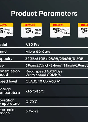 KODAK Micro SD TFcard 256GB 64GB 32GB Scheda di memoria 128GB Classe 10 Scheda SD Microsd 100MB/S UHS-I Scheda A1 per telefono/PC
