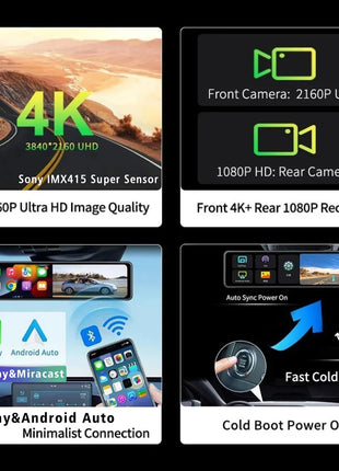 11.26" 4K 2160P Car Dvr Carplay Android Auto Dash Cam GPS WIFI BT FM Stream Rear View Mirror Dashcam Dvrs Camera Drive Recorder - Riparo82