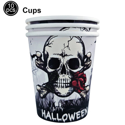 Halloween Theme Disposable Tableware Paper Plates Cups Straws Tablecloth Banner Spiral Cake Topper Happy Halloween Party Decor