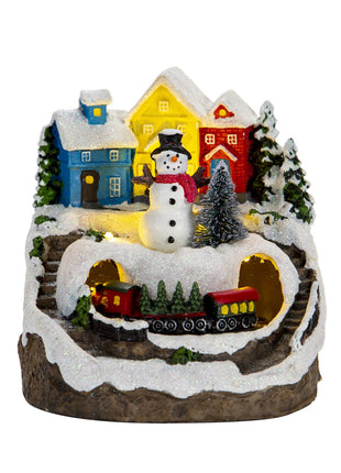 Figurine da collezione in resina Musica LED leggera Figurine di villaggio di Natale Statua rotante del villaggio per il regalo di decorazioni per la casa di Natale