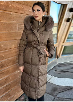 Cappotto lungo in cotone con cappuccio trapuntato imbottito da donna caldo Colletto alla coreana solido allentato Cappotti con cerniera con lacci 2025 Capispalla invernale da donna