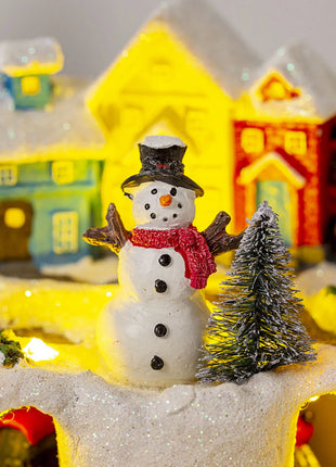 Figurine da collezione in resina Musica LED leggera Figurine di villaggio di Natale Statua rotante del villaggio per il regalo di decorazioni per la casa di Natale