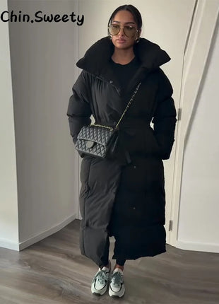 Cappotto lungo in cotone con cappuccio trapuntato imbottito da donna caldo Colletto alla coreana solido allentato Cappotti con cerniera con lacci 2025 Capispalla invernale da donna