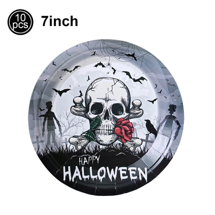 Halloween Theme Disposable Tableware Paper Plates Cups Straws Tablecloth Banner Spiral Cake Topper Happy Halloween Party Decor