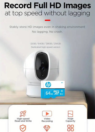 Telecamera di sicurezza bianca con scheda microSD HP da 64GB, ideale per registrazioni Full HD, riparo82