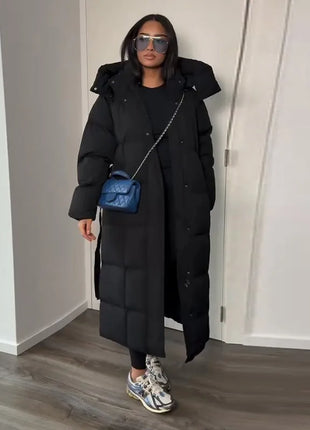 Cappotto lungo in cotone con cappuccio trapuntato imbottito da donna caldo Colletto alla coreana solido allentato Cappotti con cerniera con lacci 2025 Capispalla invernale da donna