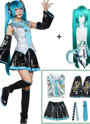 Miku Cosplay Set completo Abito in tessuto di pelle argento Miku Cosplay Copricapo Costume Outfit JK Abito da marinaio Uniforme scolastica Hallow