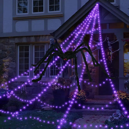Practical 8 Modes Halloween Spider Web Lights Glow 250 LEDs LED Spider Net Hanging 5m Scary Giant Spider Haunted House