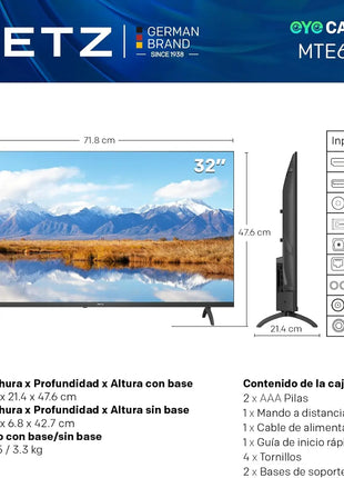 Metz 32Mte6000Y Tv 32 "Hd Google Tv |   Eyecare 3.0, Hdr10, Dolby Audio, Bluetooth Remote, Borderless Frame, Black - Riparo82