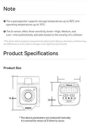 Baseus 3K Dash Cam VD1 Front and Rear Cam HD Built-in GPS Galileo Supercapacitor Car DVR Car Camera Recorder Support 24H Parking - Riparo82