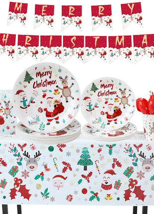 Set di stoviglie per feste di Natale da 10 pezzi Piatti e tazze di carta di Babbo Natale Bandiere natalizie appese Tovaglia Stoviglie natalizie - riparo82