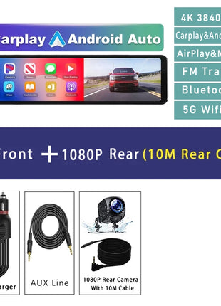 11.26" 4K 2160P Car Dvr Carplay Android Auto Dash Cam GPS WIFI BT FM Stream Rear View Mirror Dashcam Dvrs Camera Drive Recorder - Riparo82