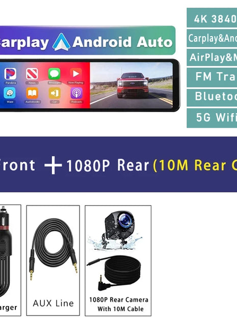 11.26" 4K 2160P Car Dvr Carplay Android Auto Dash Cam GPS WIFI BT FM Stream Rear View Mirror Dashcam Dvrs Camera Drive Recorder - Riparo82