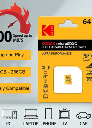 Scheda MicroSD originale KODAK 64GB 32GB Scheda di memoria Memori C10 TF Micro SD SDXC 128GB 256GB 512GB U3 V30 4K per fotocamera drone telefono