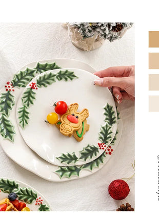 Piatto da pranzo in ceramica in rilievo Piatti da dessert per torte in stile natalizio per la casa Stoviglie da cucina di alta qualità Vassoio da frutta per festival - riparo82