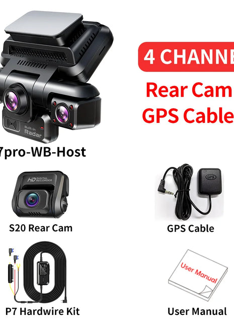 TiESFONG 4CH GPS Dash Cam i7pro Front 4K/2K+3*1080P for Car 360 DVR Camera 24H Parking Mode WiFi Video Recorder IR Night Vision - Riparo82