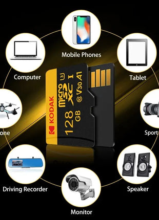 KODAK Micro Card Registratore di guida Scheda di memoria Micro SD da 128 GB per telefono cellulare PC Auricolare Altoparlante Interruttore di gioco per fotocamera HD