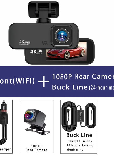 Dash Cam 4K 3840*2160P Dual Len Car DVR WIFI Camera Video Drive Recorder Dashcam Registrar Black Box 24Hour Parking Night Vision - Riparo82