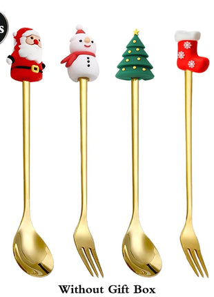 Cucchiaini da caffè e forchette per torte con decorazioni natalizie da 4 pezzi con ornamenti per bambole di Natale, set di posate in metallo dorato, forniture per feste - riparo82