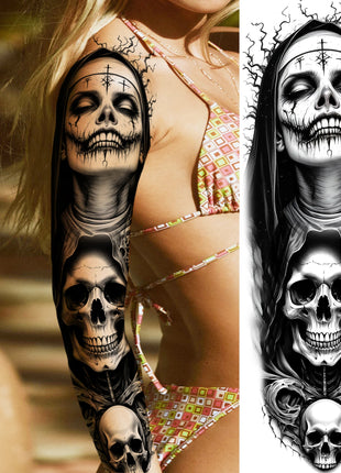 1 Sheet Full Arm Evil Witch Vampire Temporary Tattoos Sleeve Halloween Scary Skull Tatoo Waterproof Horrible Fake Tattoo Sticker - Riparo82
