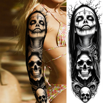 1 Sheet Full Arm Evil Witch Vampire Temporary Tattoos Sleeve Halloween Scary Skull Tatoo Waterproof Horrible Fake Tattoo Sticker