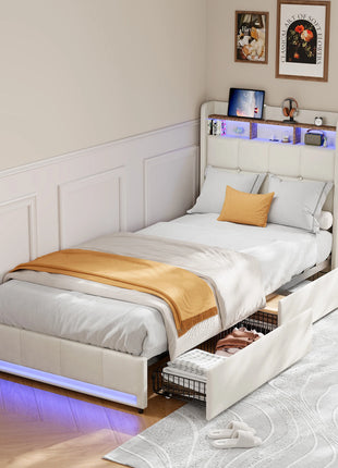 Letto singolo per bambini Superaly 90x200cm, letto imbottito con cassetti, LED e porte di ricarica, testiera con base a doghe