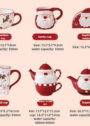 Set di piatti di Babbo Natale dipinti a mano nordici Set di stoviglie per tazze d'acqua con teiera sigillata in ceramica a rilievo rosso - riparo82