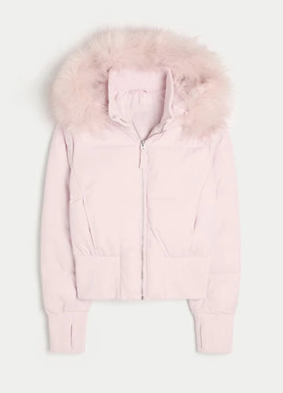 Giacca corta chic con tasca con cerniera a maniche lunghe Cappotto trapuntato con cappuccio in pelliccia sintetica da donna di moda 2025 Capispalla imbottito invernale New Lady