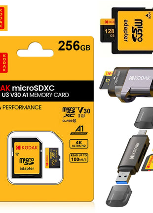 Scheda Micro Sd KODAK con lettore di schede Scheda di memoria Microsd ad alta velocità da 128 GB 256 GB Scheda TF video HD per droni DJI Pocket Cams