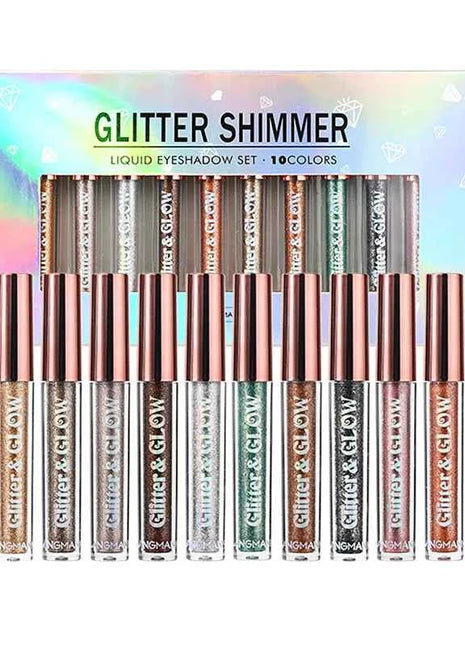 10 Color Eyeshadow Set - Shimmery Liquid Glitter, Waterproof, Long Lasting, Quick Drying, Smoky Eyes, Stage Makeup