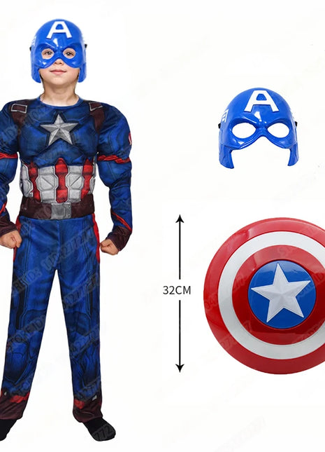 Costume da tuta muscolare Capitan America Costume da supereroe Maschera cosplay Tuta Scudo Costume da festa di carnevale di Halloween per bambini