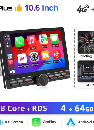 Junsun 10.6 Inch Universal Rotatable 1DIN 2DIN Car Radio Wireless CarPlay Android Auto Touch Screen Multimedia GPS autoradio - Riparo82