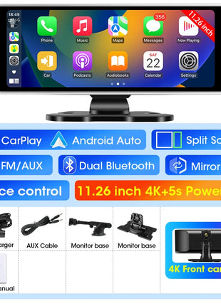 11.26 inch Dash Cam 4K Car DVR Wireless Carplay & Android Auto GPS Navigation Video Recorder Dashboard Dual Lens Wifi FM AUX - Riparo82