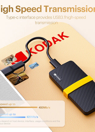 Unità a stato solido esterne Kodak Disco rigido 256 GB 512 GB 1 TB SSD portatile 450 MB/s Interfaccia 2 in 1 per telefono computer portatile