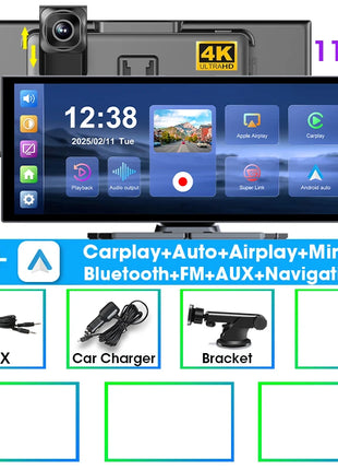 10/11.26" Wireless Carplay Screen for Car,4K Dash Cam HD Car DVR,Android Auto GPS Navigation Video Recorder,1080P Camera,FM,WIFI - Riparo82