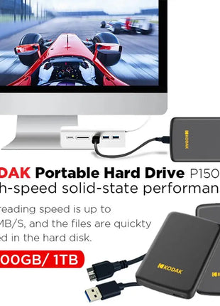 Kodak P150 Disco rigido esterno portatile da 2,5 pollici 1 TB/500 GB Leggi fino a 450 MB/s Archiviazione ad alta velocità per laptop desktop PS4 PS5