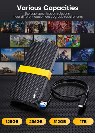 Unità a stato solido esterne Kodak Disco rigido 256 GB 512 GB 1 TB SSD portatile 450 MB/s Interfaccia 2 in 1 per telefono computer portatile