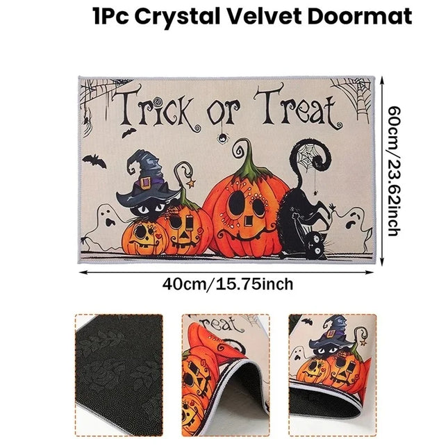 Halloween Crystal Velvet Front Doormat Non Slip Rubber Rug Farmhouse Decor Pumpkin Doormat Trick or Treat Party Supplies