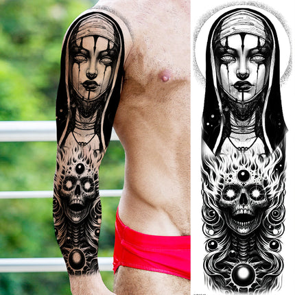 1 Sheet Full Arm Evil Witch Vampire Temporary Tattoos Sleeve Halloween Scary Skull Tatoo Waterproof Horrible Fake Tattoo Sticker
