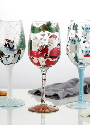 Bicchiere da vino con stampa natalizia Decorazioni natalizie Calice da vino rosso Disegno creativo a mano dipinto Home Party Festival Tazze Bar Set da vino - riparo82