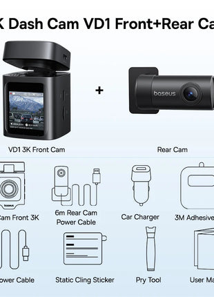 Baseus 3K Dash Cam VD1 Front and Rear Cam HD Built-in GPS Galileo Supercapacitor Car DVR Car Camera Recorder Support 24H Parking - Riparo82