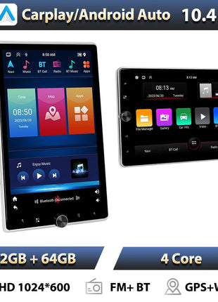 Podofo 10.4" Vertical Rotatable Screen Android Car Radio 1 Din 2+64G Wireless Carplay Android Auto GPS 1Din Multimedia Autoradio - Riparo82