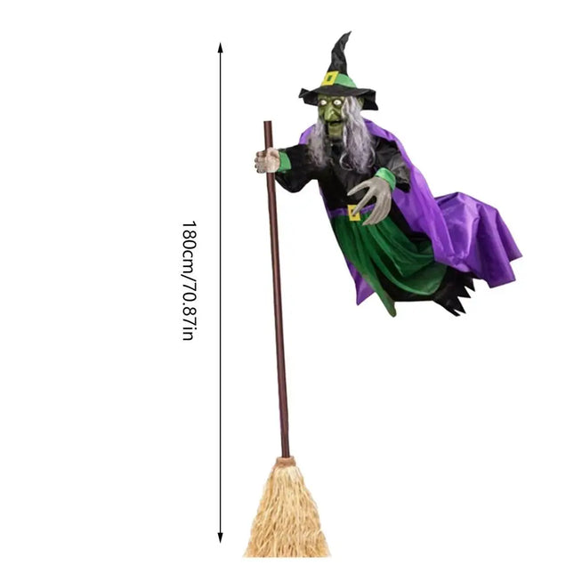 Halloween Props Hovering Witch Lights Prop Fun Costumes Flying Scary Witch Broom Wizard Decor for Garden Yard Lawn Indoor