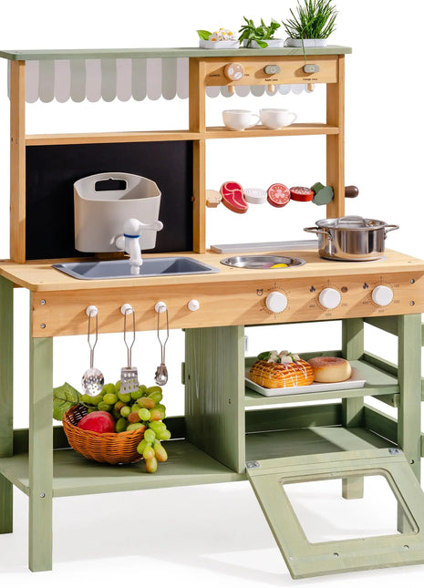 ROBUD Fango Cucina da esterno in legno massello Cucina da gioco con griglia per barbecue Rubinetto per lavello rimovibile Giocattoli Monteeori per bambini dai 3 anni in su - riparo82