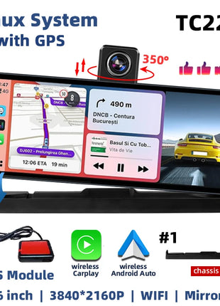 10.26" 4K Dash Cam Carplay Android Auto GPS 5G WIFI FM BT Car Dvr 350 ° Rotation Dual Lens Dashcam Truck Camera Drive Recorder - Riparo82